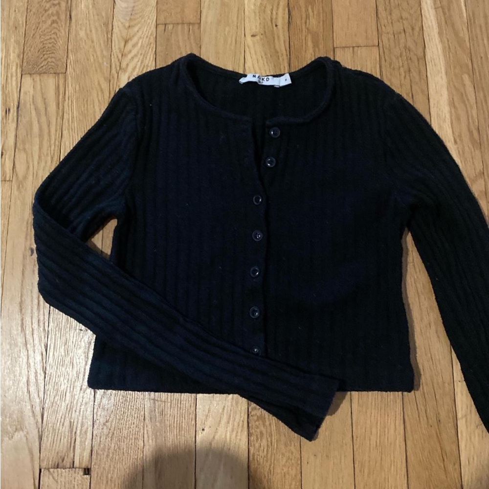 NA-KD cropped black button up sweater